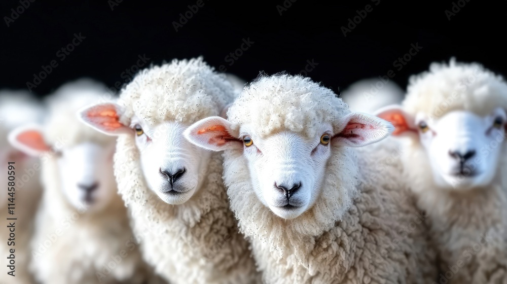 Three white sheep in a flock, facing forward against a dark background. Three white sheep in a flock, facing forward against a dark background.