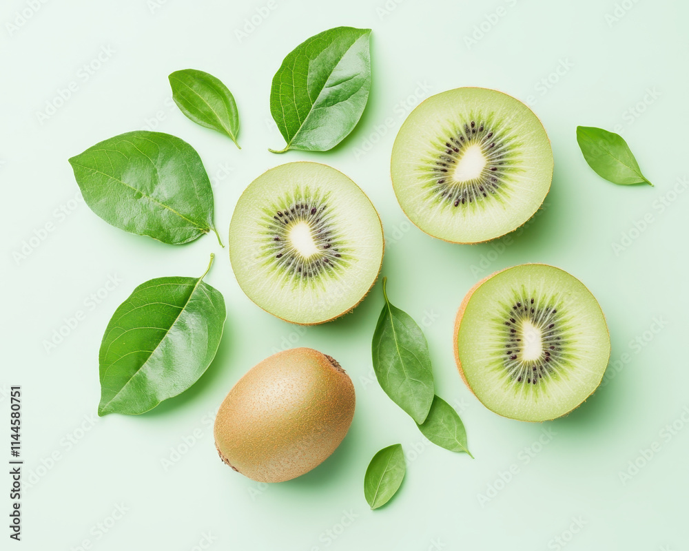 Fototapeta premium Fresh kiwi slices and whole kiwis arranged with green leaves on light background create vibrant and healthy composition. This minimalistic flat lay showcases natural beauty of kiwis