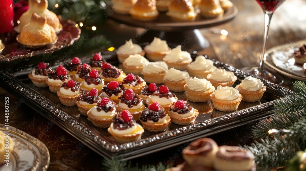 A tray of assorted mini desserts, including fruit tarts and cream puffs, on a festive table A tray of assorted mini desserts, including fruit tarts and cream puffs, on a festive table