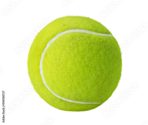 Close-up of a vibrant neon yellow tennis ball isolated on white background photo