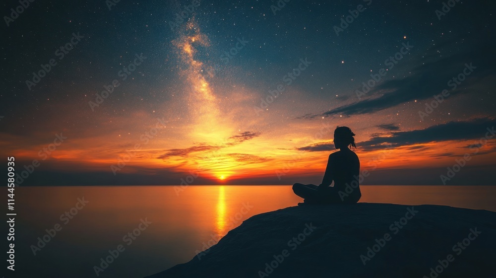 A person meditating by the water as the sun sets, surrounded by a starry sky. A person meditating by the water as the sun sets, surrounded by a starry sky.
