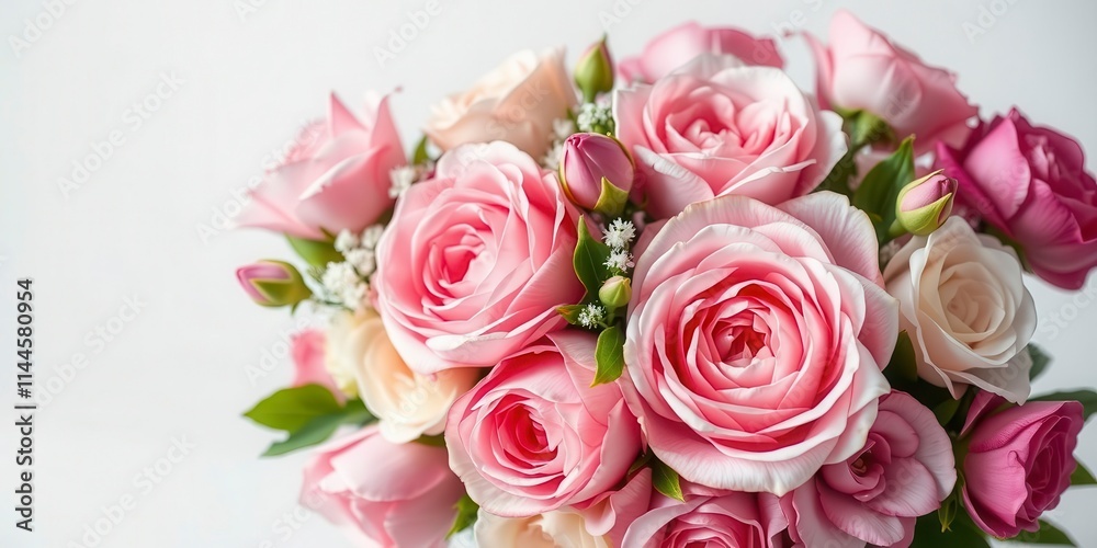 Fresh bunch of pink peonies and roses arranged beautifully with space for text, pink, blossom Fresh bunch of pink peonies and roses arranged beautifully with space for text, pink, blossom