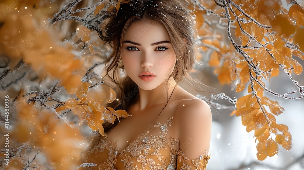 A luxurious evening celebration with a woman in a golden gown, styled with intricate embroidery and elegant accessories. The festive snowy background shimmers with golden light. Ultra-Realistic A luxurious evening celebration with a woman in a golden gown, styled with intricate embroidery and elegant accessories. The festive snowy background shimmers with golden light. Ultra-Realistic