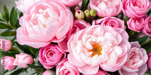 Fototapeta Naklejka Na Ścianę i Meble -  Fresh and vibrant pink peonies and roses in a beautiful bouquet arrangement with space for text, roses, fresh
