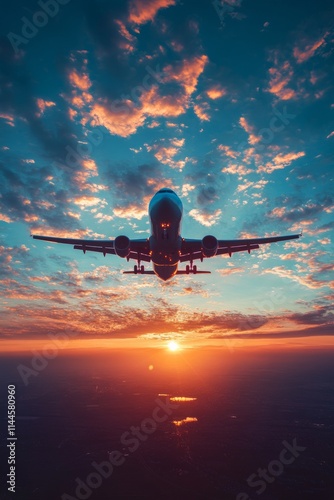 Airplane soaring through a colorful sky during sunset above the clouds with v...