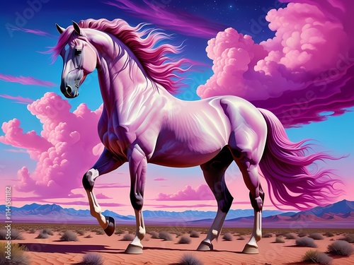 A majestic pink horse galloping across a desert landscape, sky filled with dramatic clouds, surrealist style, painting art photo