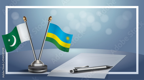 Pakistan and Rwanda National flags on small table with bokeh background, cooperative relationship