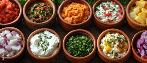 Overhead view of colorful bread toppings a rustic kitchen food photography adventure