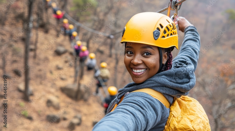 Joyful Adventure on Zip Line Through Trees with Participants in Bright Helmets and Safety Gear in Scenic Outdoor Environment Joyful Adventure on Zip Line Through Trees with Participants in Bright Helmets and Safety Gear in Scenic Outdoor Environment