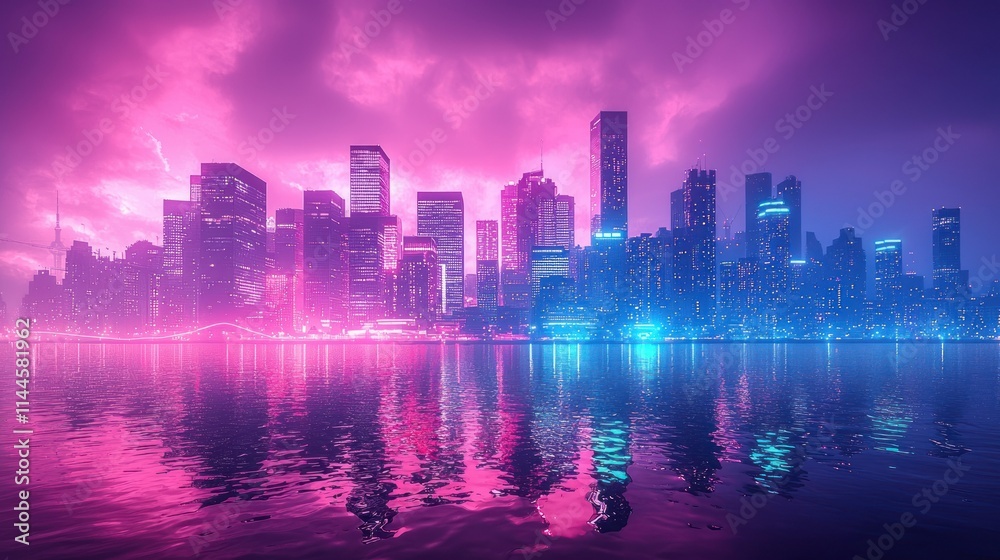 Fototapeta premium Neon city skyline reflecting on water at dusk.