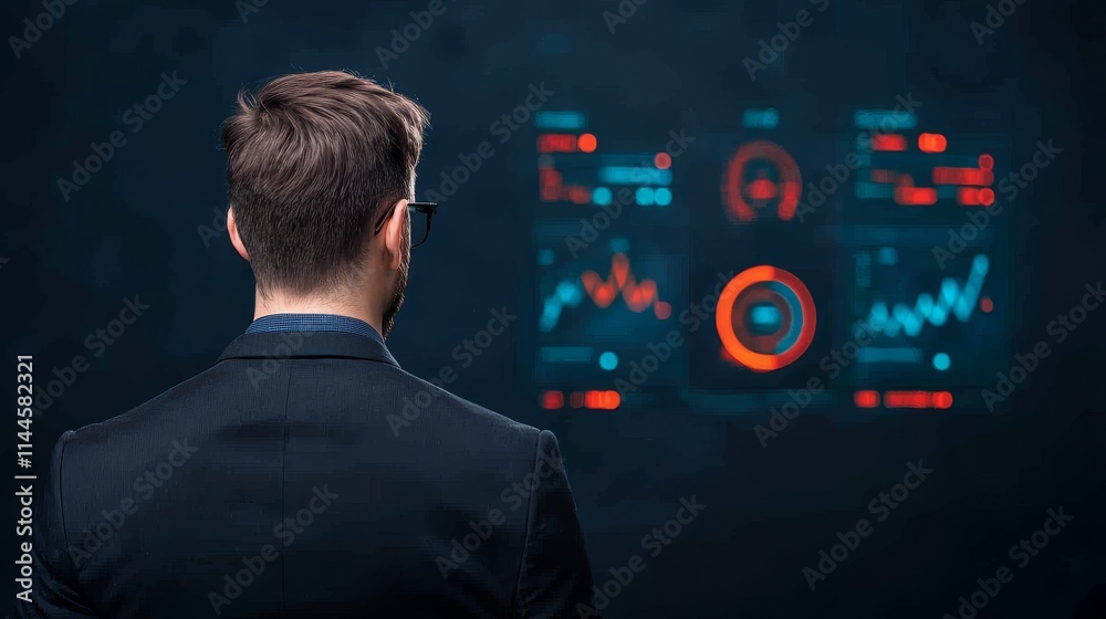 A businessman analyzes digital data visualizations on a screen, showcasing graphs and metrics in a modern, high-tech environment. A businessman analyzes digital data visualizations on a screen, showcasing graphs and metrics in a modern, high-tech environment.