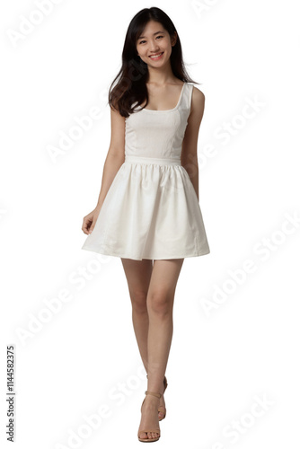 A young Asian woman in a white sleeveless dress smiles, standing against a plain white background. Photograph.