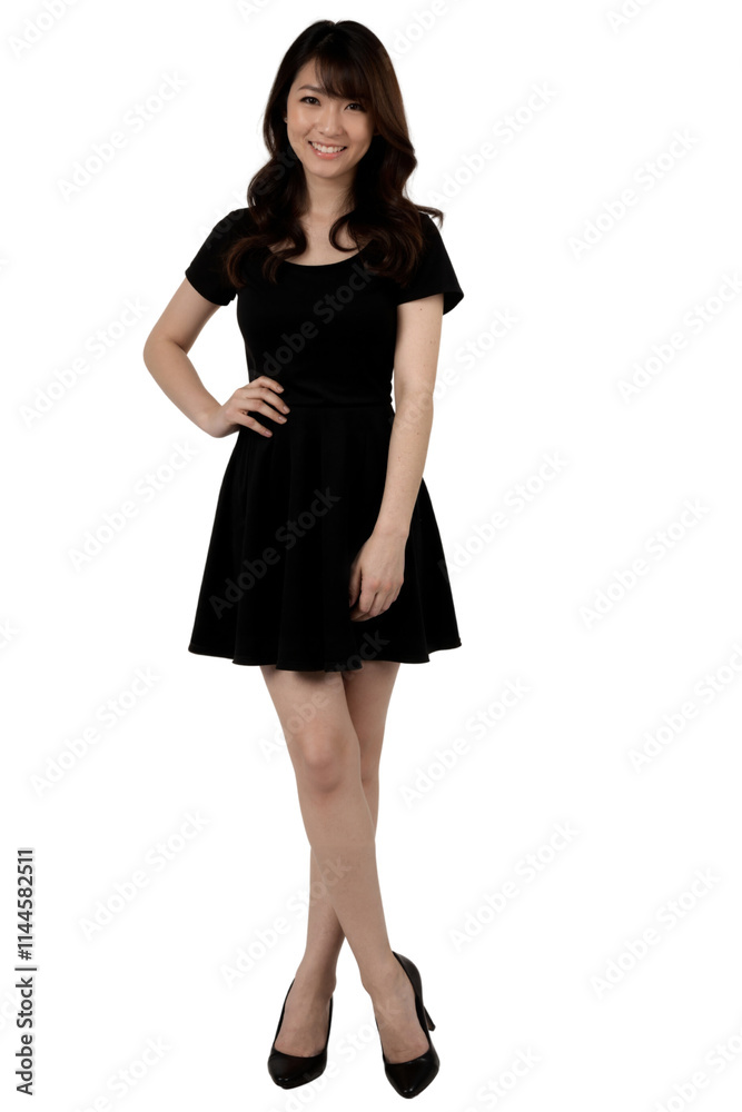 A smiling Asian woman in a black dress and heels poses against a plain white background. A smiling Asian woman in a black dress and heels poses against a plain white background.