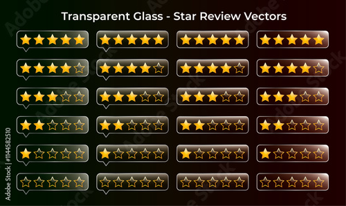 Set of transparent, glossy, shiny glass five star review, rating, or feedback vectors. 0 to 5 rating stars set. Customer product review icons. 