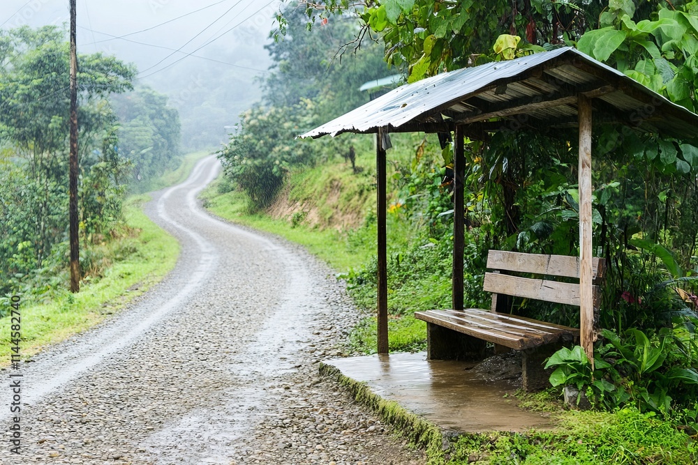 Naklejka premium Empty bus stop with wooden bench on a rural road through tropical forest