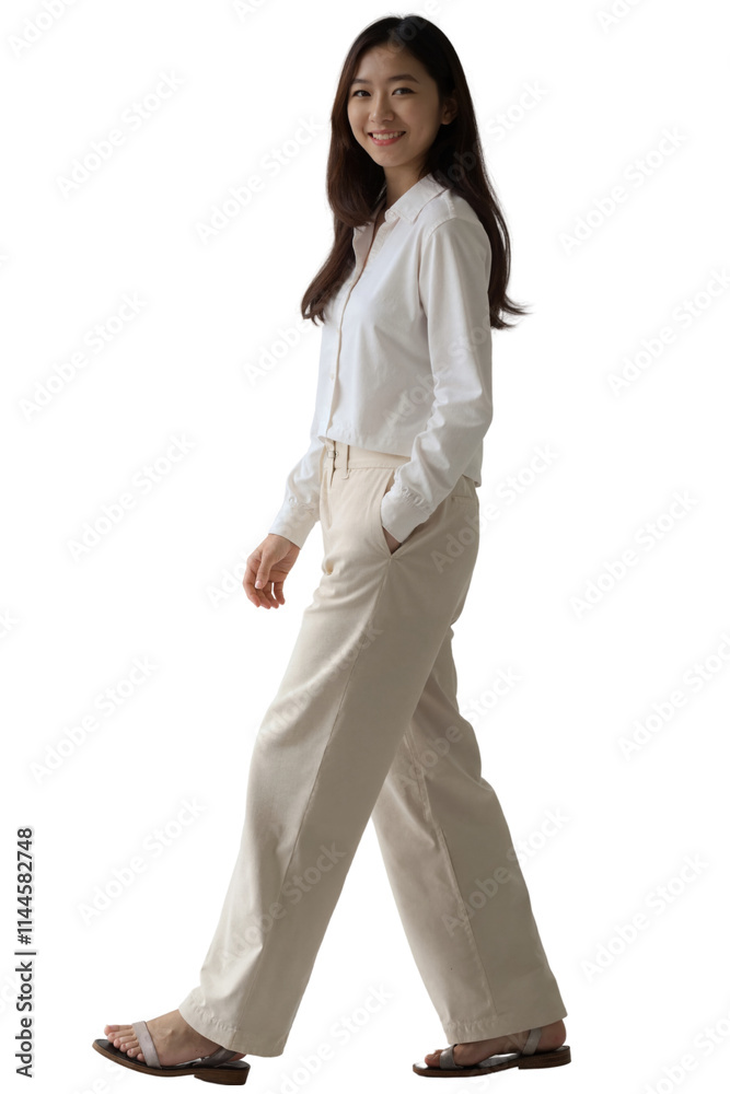 Asian woman with long dark hair, wearing a white shirt and pants, smiling while walking. White background. Asian woman with long dark hair, wearing a white shirt and pants, smiling while walking. White background.