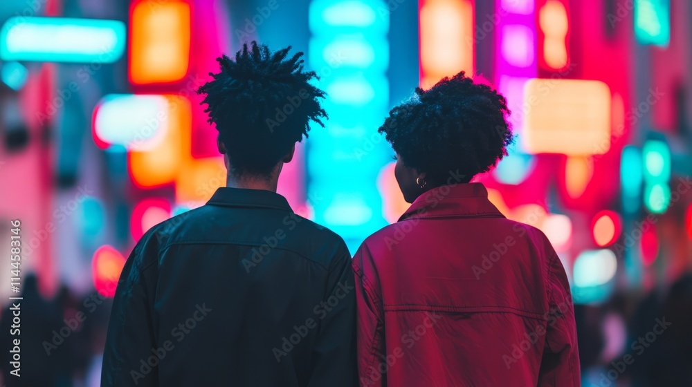 A Couple Stands Together in a Neon Cityscape, Surrounded by Vibrant Lights and Busy Streets, Embracing the Energy of Urban Nightlife and Togetherness A Couple Stands Together in a Neon Cityscape, Surrounded by Vibrant Lights and Busy Streets, Embracing the Energy of Urban Nightlife and Togetherness