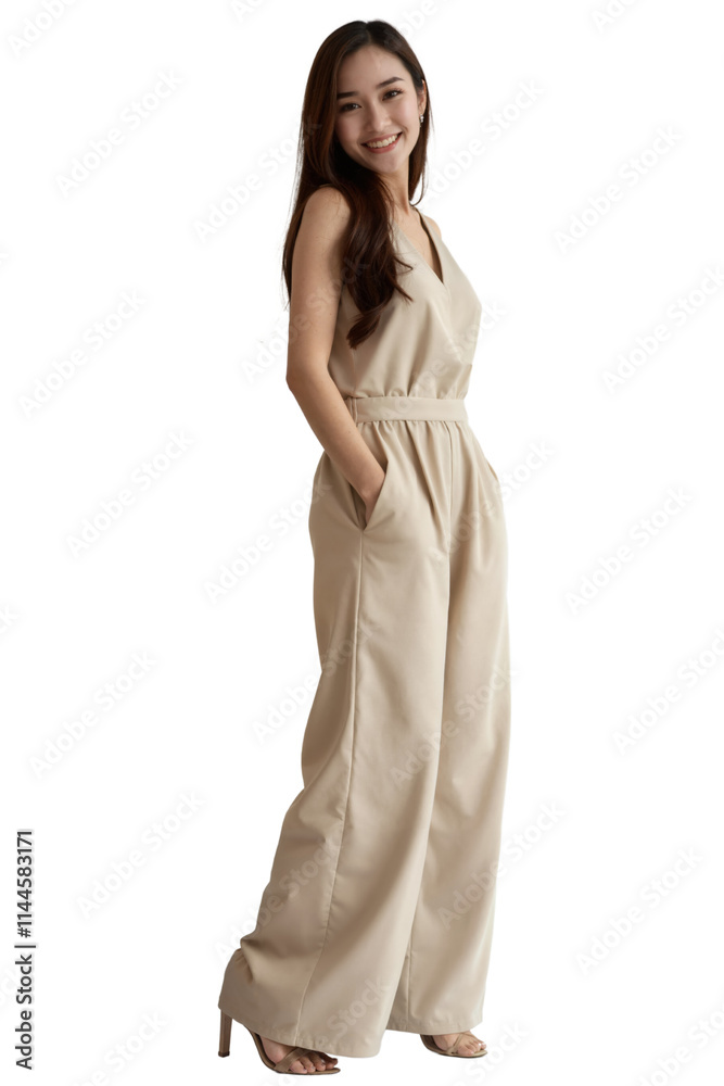 A smiling Asian woman in a beige jumpsuit, standing against a white background, with a slight profile view. A smiling Asian woman in a beige jumpsuit, standing against a white background, with a slight profile view.