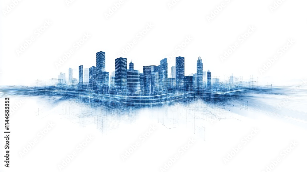 Fototapeta premium Modern city skyline with abstract blue design.