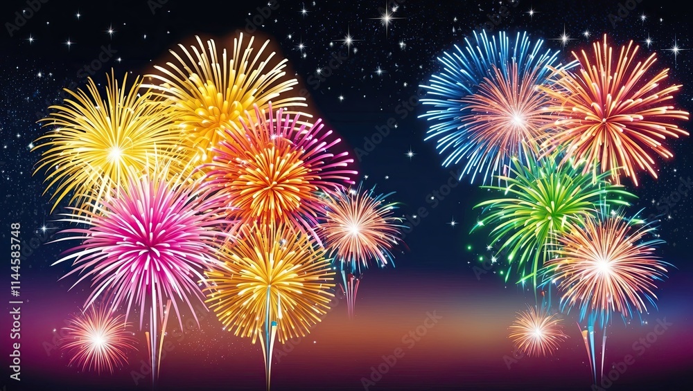 Naklejka premium Dynamic and explosive display of colorful fireworks with night sky background