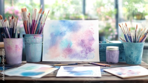 Art supplies arranged on a creative workspace. photo