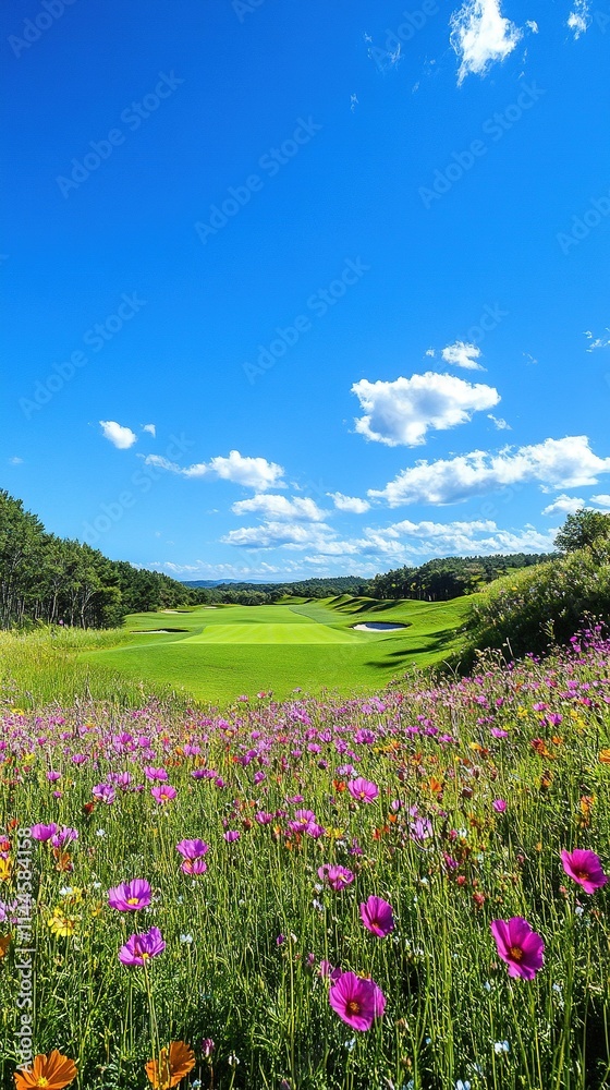 Vibrant wildflowers bloom in foreground of a lush green golf course under a bright blue sky. Vibrant wildflowers bloom in foreground of a lush green golf course under a bright blue sky.