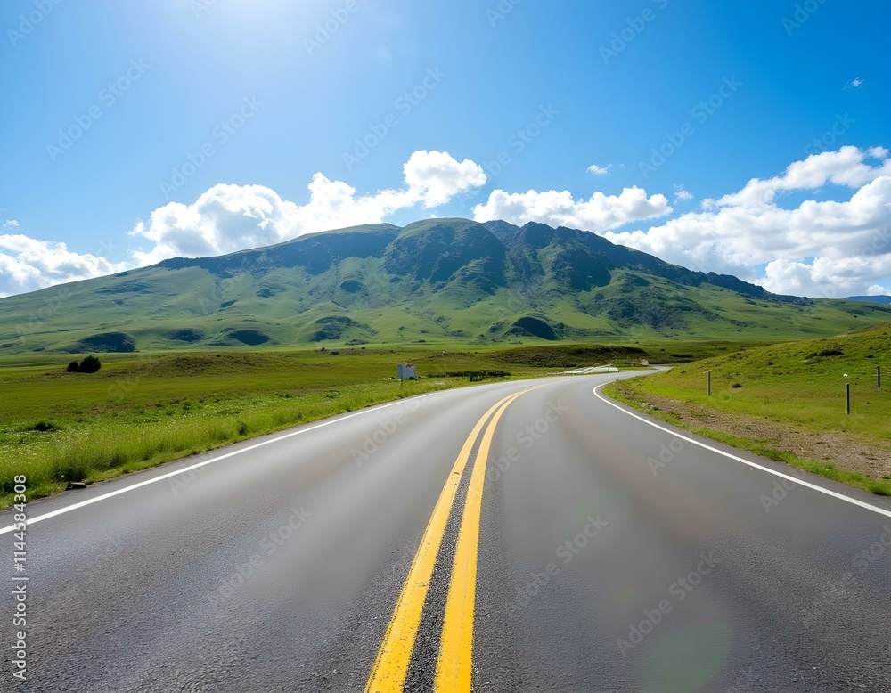 Naklejka premium Asphalt road and green mountain with sky clouds natural background on sunny day