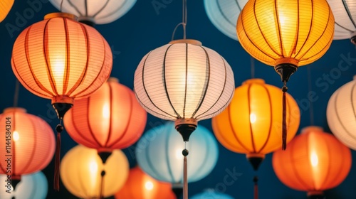 Colorful Paper Lanterns Hanging Against a Dark Background, Brightening the Night with Warm Hues and Delicate Designs, Creating a Magical and Festive Atmosphere