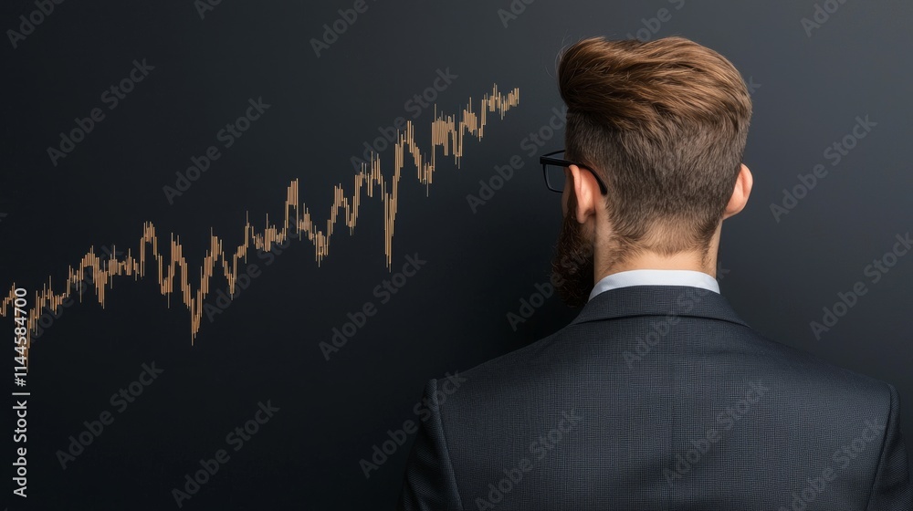 A man in a suit observes a rising graph on a black wall, symbolizing financial growth and success.
