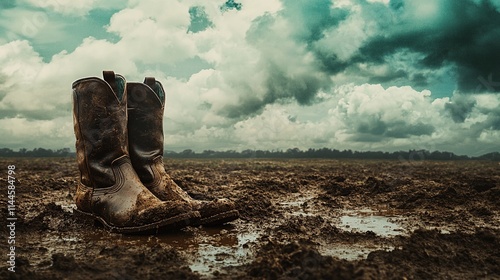 Worn cowboy boots in muddy field under dramatic sky.