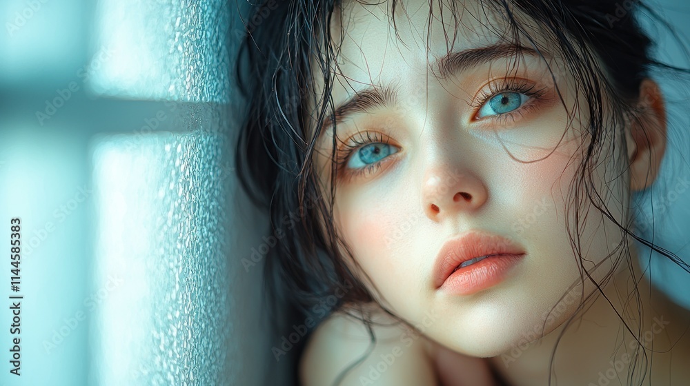 A close-up portrait of a young woman with striking blue eyes. A close-up portrait of a young woman with striking blue eyes.