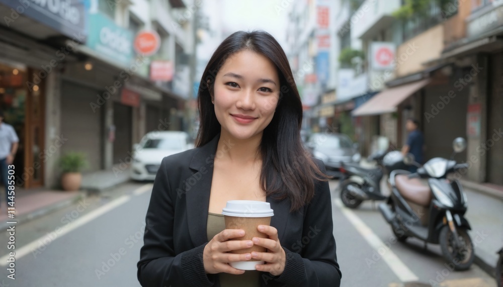 A young Asian woman with long dark hair, wearing a black blazer, holds a coffee cup on a busy street. A young Asian woman with long dark hair, wearing a black blazer, holds a coffee cup on a busy street.