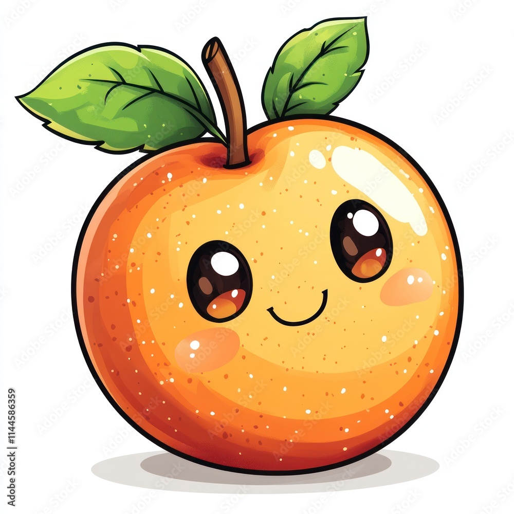 Obraz premium Cute cartoon orange with a smiling face and green leaves.