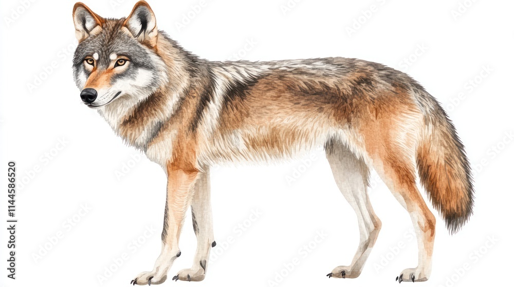 A realistic illustration of a wolf standing in profile, showcasing its fur and features. A realistic illustration of a wolf standing in profile, showcasing its fur and features.