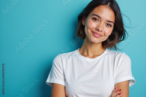 Confident Young Woman in White T-Shirt Against Blue Background Perfect for Advertising, Marketing, and Social Media Campaigns.