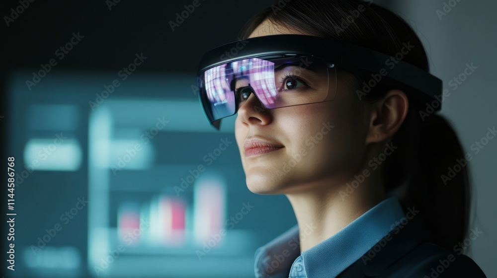 Professional woman using advanced augmented reality headset to interact with data and technology in modern office environment with charts and graphs in background Professional woman using advanced augmented reality headset to interact with data and technology in modern office environment with charts and graphs in background