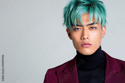 fashion editorial, striking image of a man in teal hair and a burgundy suit with sharp black eyebrows, silver eyeliner, against a light gray background for a bold look photo