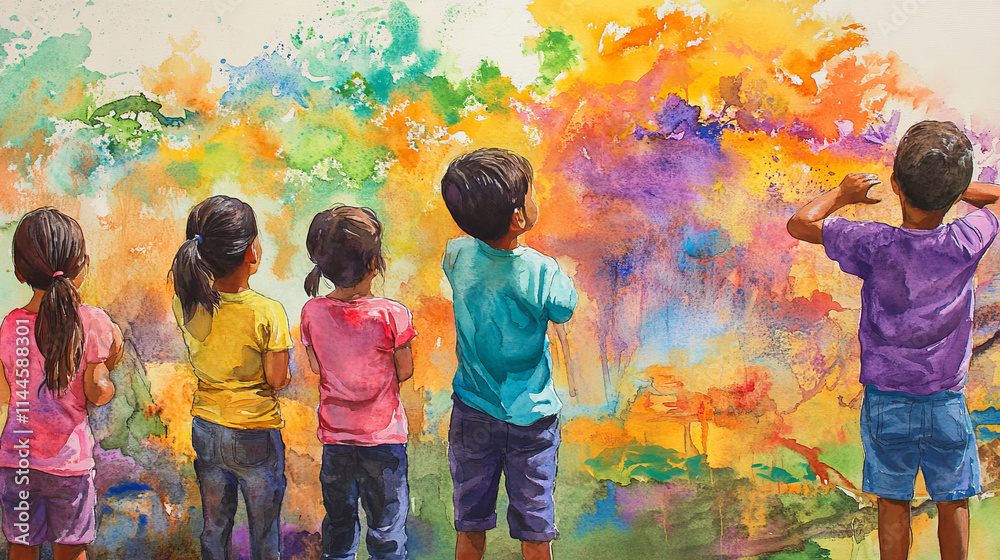 Naklejka premium Children admiring vibrant mural filled with colorful splashes of paint, evoking creativity and joy in outdoor setting. scene highlights beauty of art and youthful curiosity