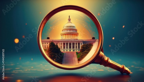 Exploring the U.S. Capitol building through a magnifying glass, showcasing its architectural beauty and historical significance. Generative AI