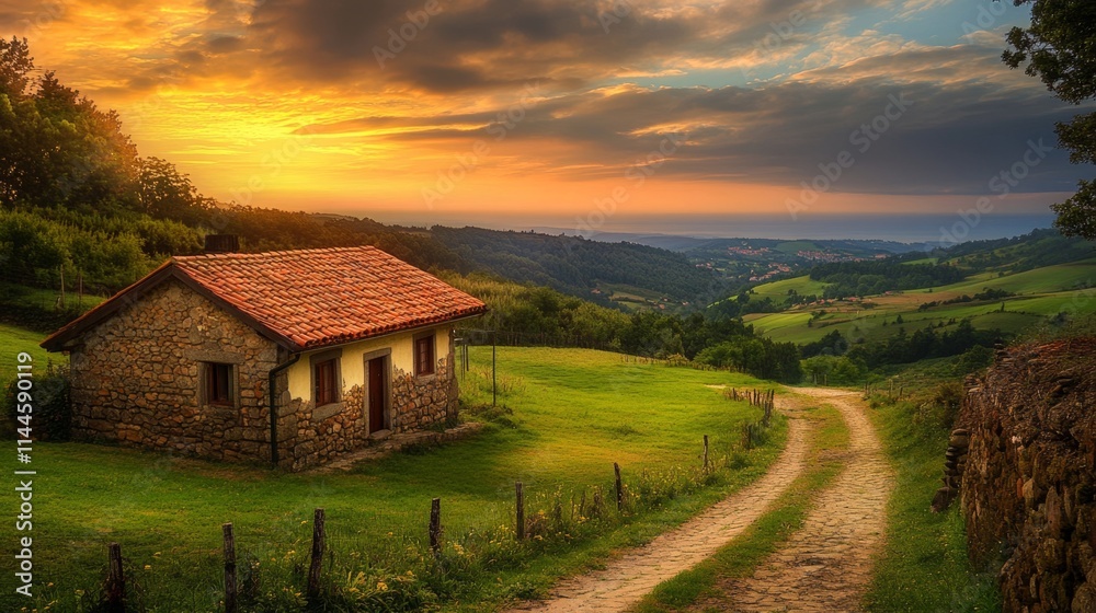Stunning Sunrise Over a Rustic Farmhouse in the Countryside Stunning Sunrise Over a Rustic Farmhouse in the Countryside