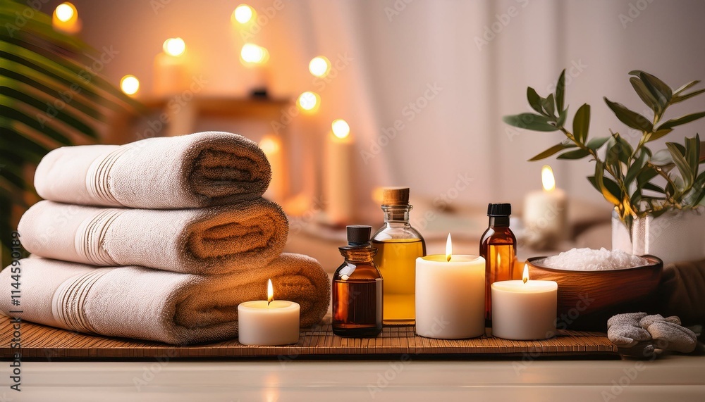 luxurious spa setup with towels, candles, and essential oils, relaxation luxurious spa setup with towels, candles, and essential oils, relaxation