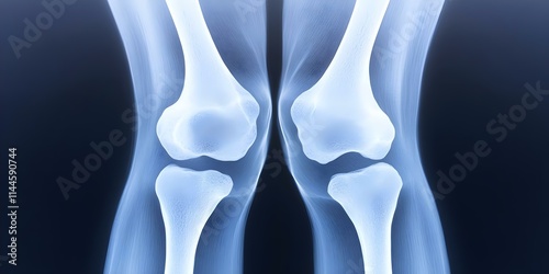 A medical image showing human knee joints in an X-ray view, highlighting the bones and joint structure. Concept Knee Joint Anatomy, X-ray Imaging, Bone Structure, Joint Health, Medical Diagnosis