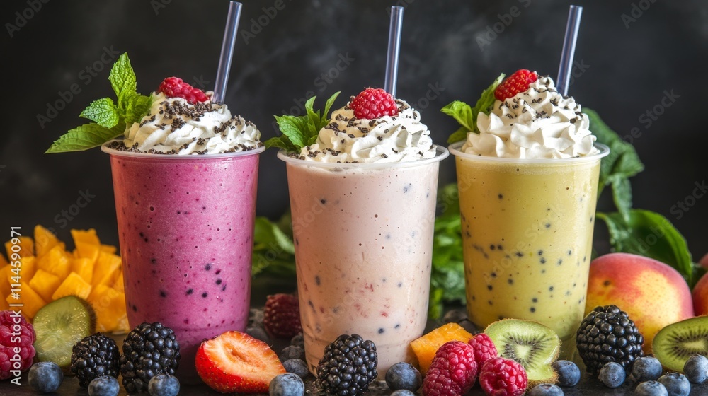 A selection of smoothies in rich, vibrant colors, topped with fresh cream and fruits like raspberries, mint leaves, and mango, surrounded by tropical fruits and berries for a refreshing presentation A selection of smoothies in rich, vibrant colors, topped with fresh cream and fruits like raspberries, mint leaves, and mango, surrounded by tropical fruits and berries for a refreshing presentation