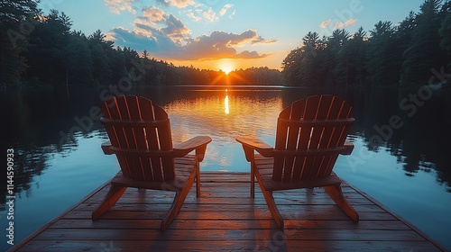 A serene lakeside view at sunset with two chairs inviting relaxation and reflection.
