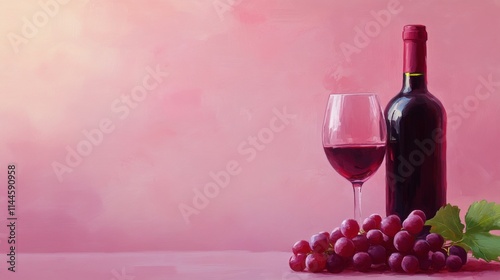 Red wine in a glass beside a bottle and freshly picked grapes on a soft pink ...