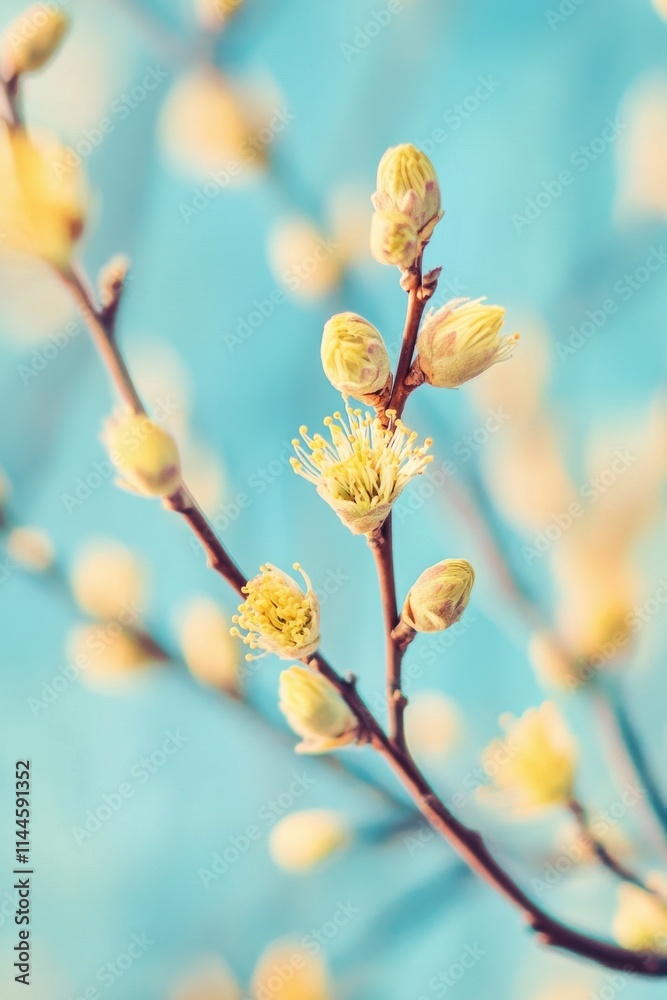 Fresh flower buds bloom on branches against a soft blue backdrop in early spring, showcasing nature's renewal