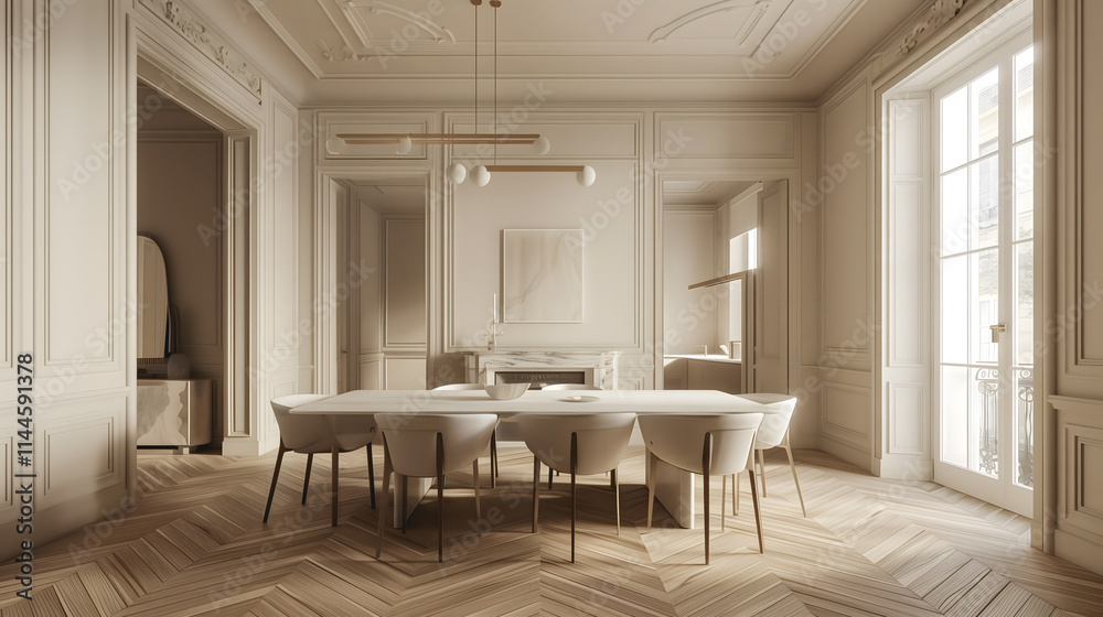 Fototapeta premium Salle à manger minimaliste avec mobilier blanc et cheminée en marbre.