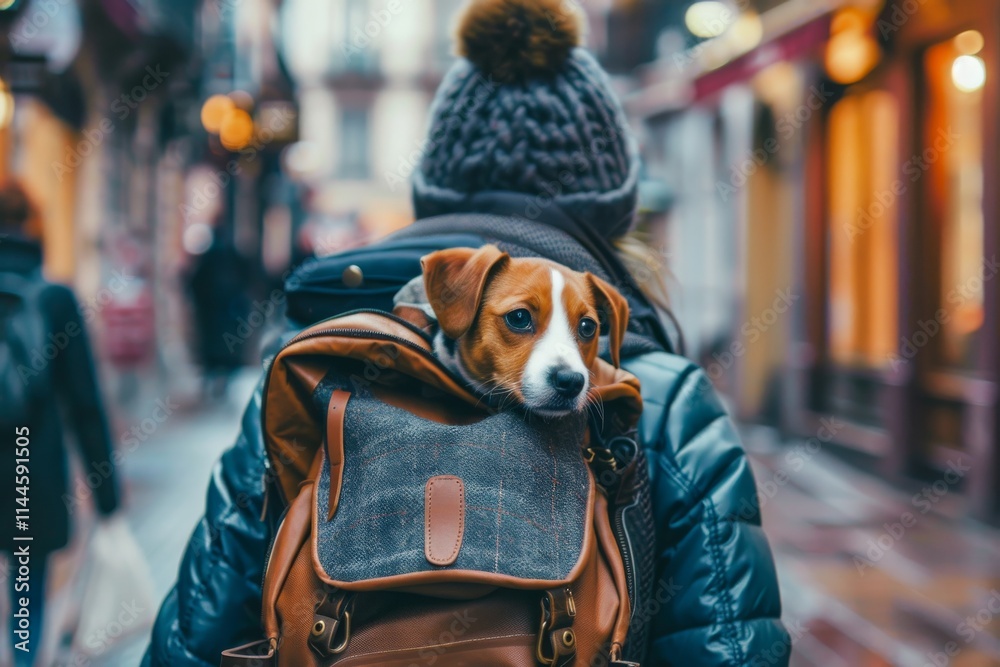 Puppy in backpack on city street Puppy in backpack on city street