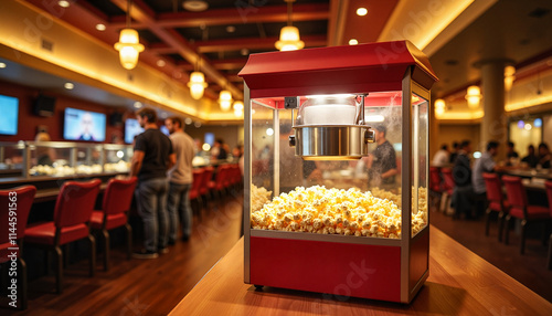 Popcorn machine in a cozy cinema snack bar.