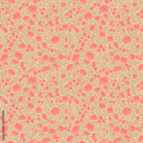 Vintage floral background. Floral pattern with small pink roses flowers on a ivory beige background. Seamless pattern for design and fashion prints. Ditsy style. Vintage template for fashion prints. 